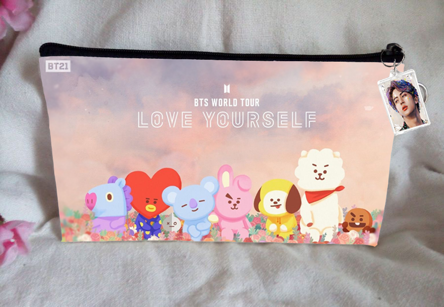 BT21 BTS Pencil Case Bangtan Boys Purse Wallet KPOP Pouch With FREE Key Tag